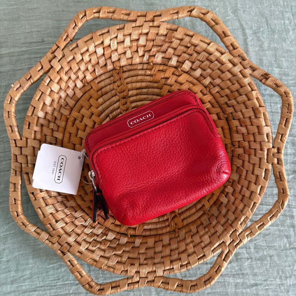 Coach F66179 Vermillion Pebble Leather Double Zip Coin Case NWT